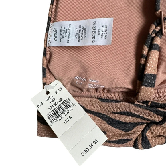 Aerie NWT Women's Triangle Tie Tiger Stripe Bikini Top Black/Tan Textured Size S - Picture 2 of 3
